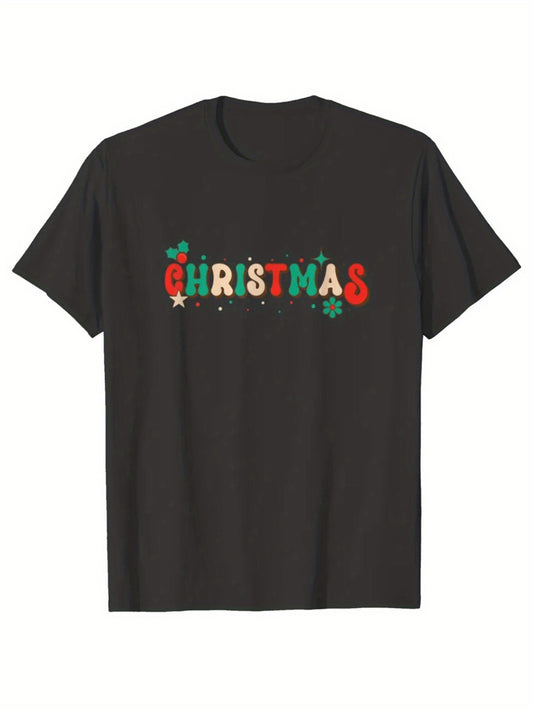 Christmas Santa Claus Print Men's Cotton T-shirt, Graphic Tee Men's Xmas Outdoor Clothes, Men's Clothing, Casual Short Sleeve Crew Neck T-shirt, Tops For Men, Gift For Men