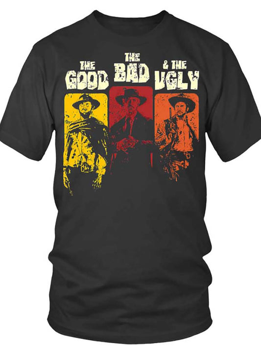 Men's "The Good The Bad & The Ugly" Graphic Tee - Casual Black Cotton T-Shirt with Cowboy-Inspired Print, Short Sleeves, Machine Washable, Everyday Clothing|Stylized Text Shirt|Comfortable Fit