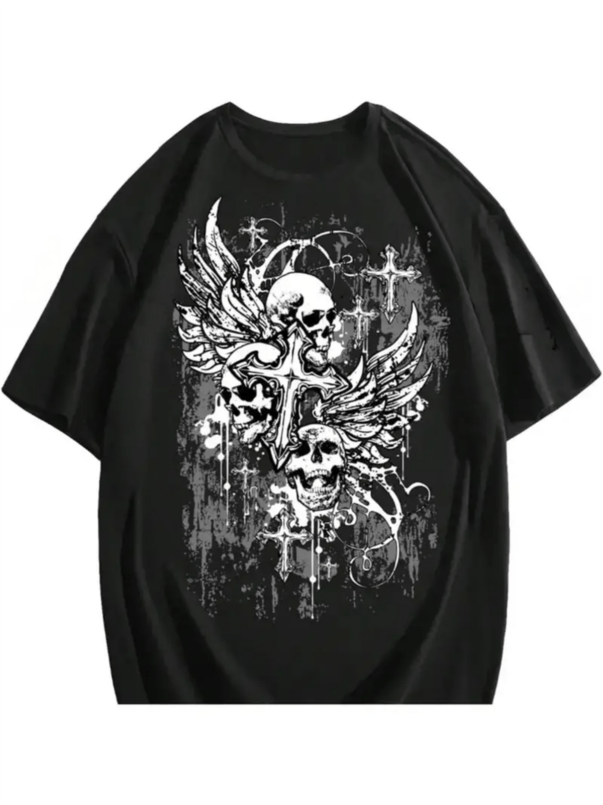 [Gothic Tee] Plus Size Men's Cotton Graphic T-Shirt | Gothic Skull & Wings Design, Casual Short Sleeve, Black, Machine Washable
