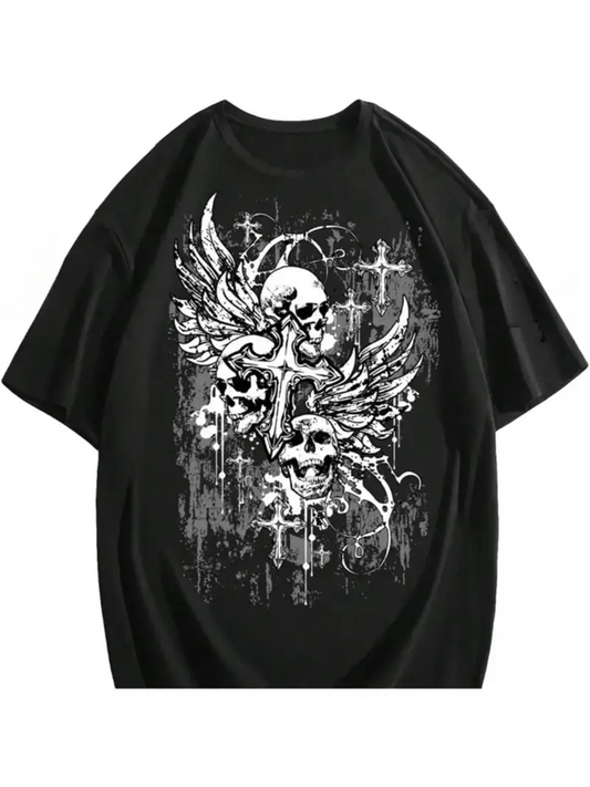 [Gothic Tee] Plus Size Men's Cotton Graphic T-Shirt | Gothic Skull & Wings Design, Casual Short Sleeve, Black, Machine Washable