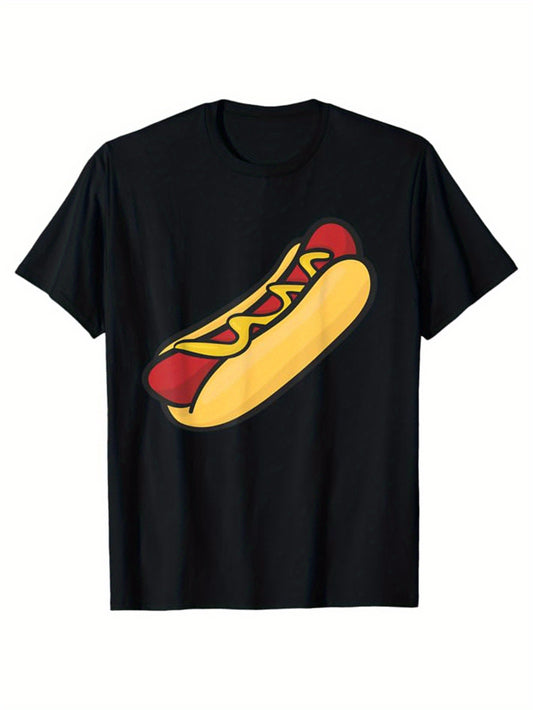 Men's Cotton T-Shirt With Hot Dog Printed, Casual Short Sleeve Round Neck Tee, Soft Comfortable Top