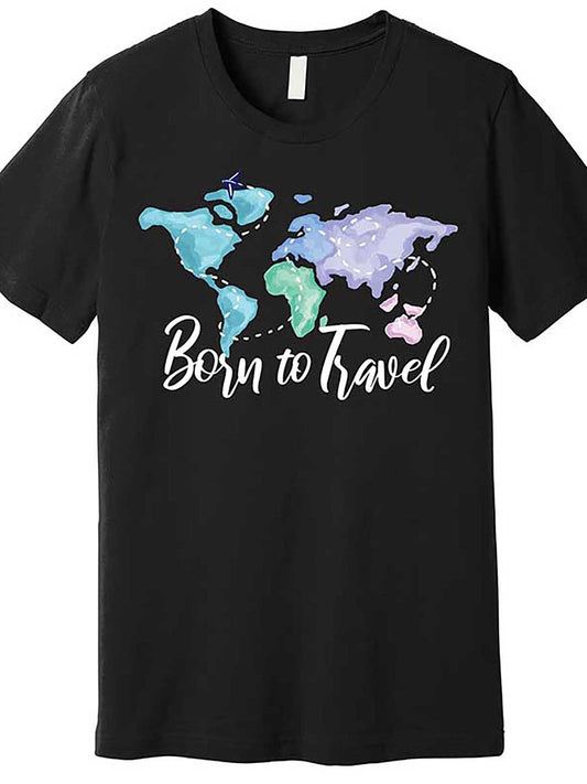 Born to Travel Premium Men's Graphic T-Shirt - World Map & Inspirational Quote Design, Soft Stretch Fabric, Regular Fit Casual Short Sleeve Tee, Machine Washable, Black, Travel Enthusiasts Apparel | Adventure Clothing | Comfortable Fit, Vacation T Shirt