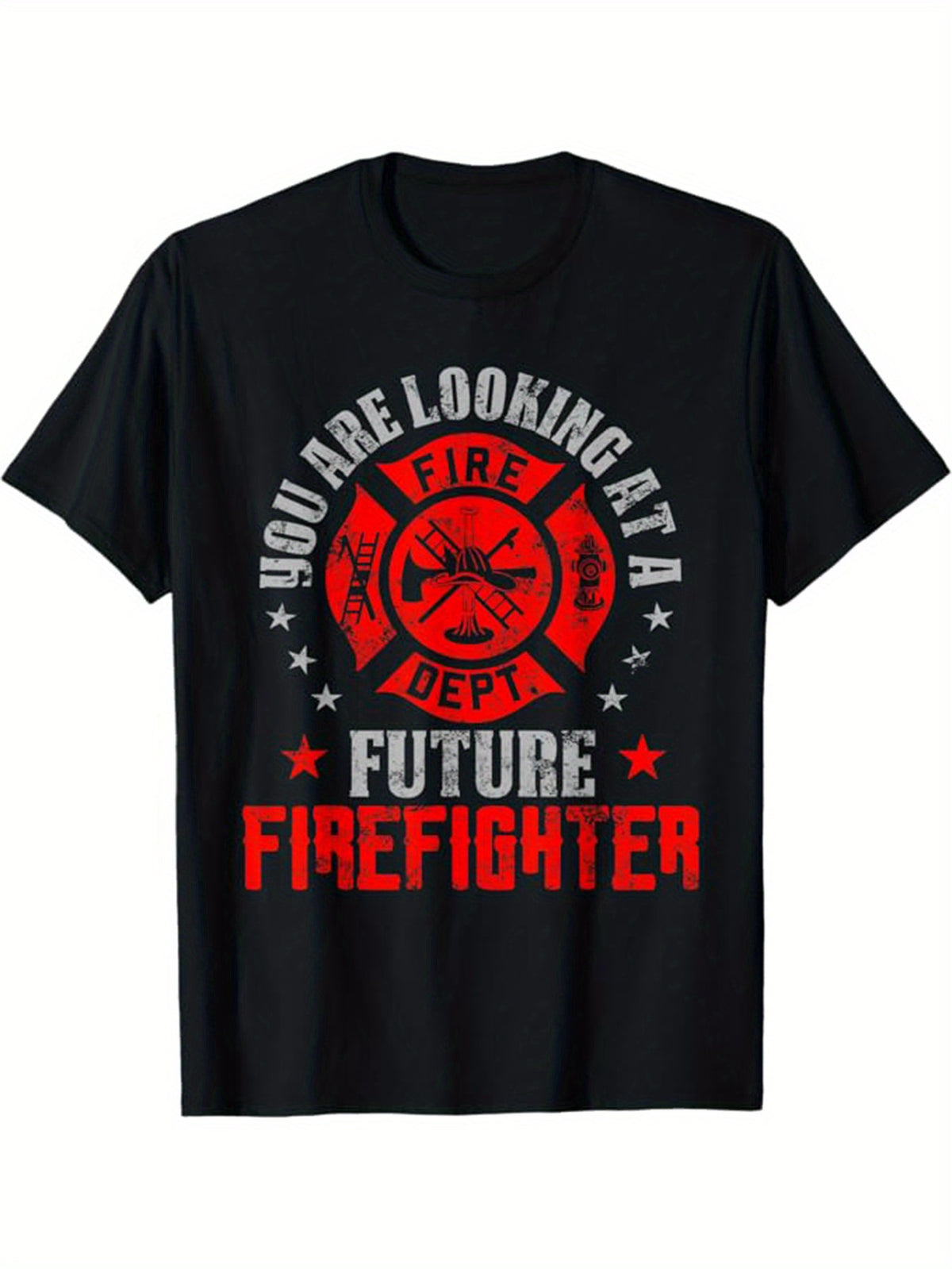 Men's 100% Cotton Firefighter Graphic Tee - "You're Looking at a Future Fire Dept" Print, Casual Loose Fit, Short Sleeve Crew Neck T-Shirt with Fire & Axe Emblem - Ideal Gift for Fire Dept Members