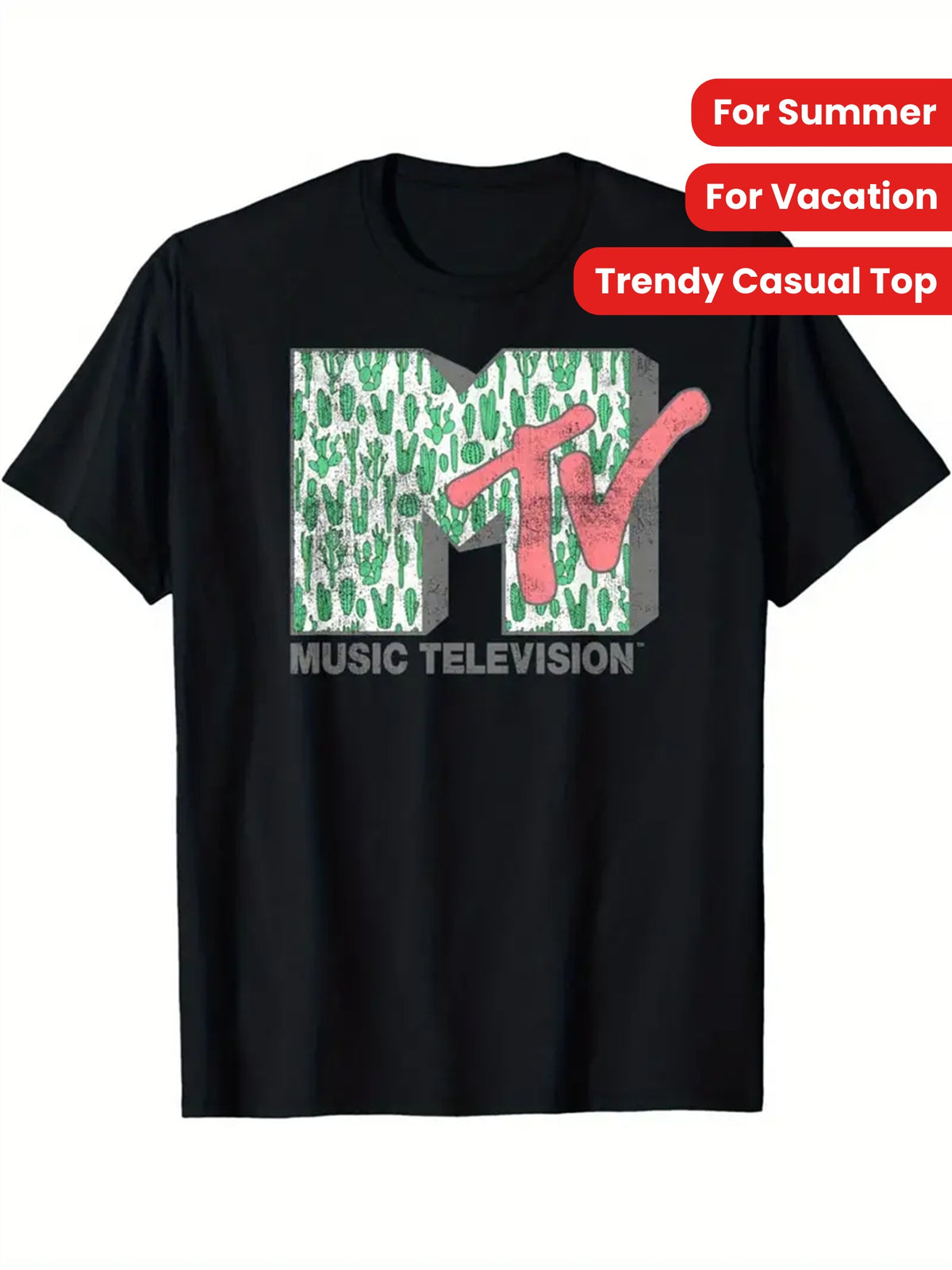 Men's 100% Cotton Graphic Print T-Shirt, MTV Logo Design, Black Crew Neck Short Sleeve Tee for Summer Casual Wear, Vacation Apparel | Trendy Casual Top | Glossy Finish