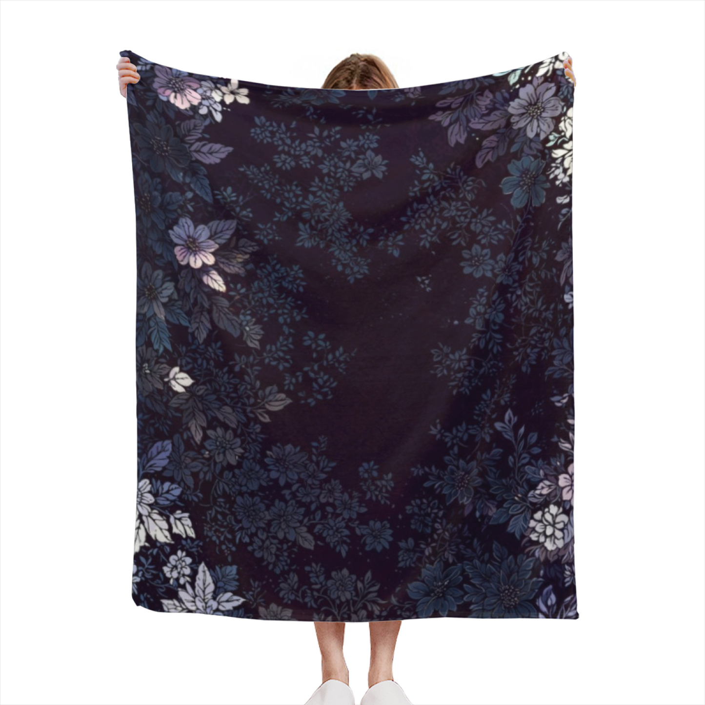 Midnight Blue Floral Flannel Throw Blanket ¨C Dark Blue and Purple Botanical Pattern