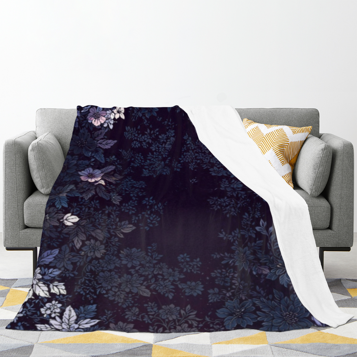 Midnight Blue Floral Flannel Throw Blanket ¨C Dark Blue and Purple Botanical Pattern