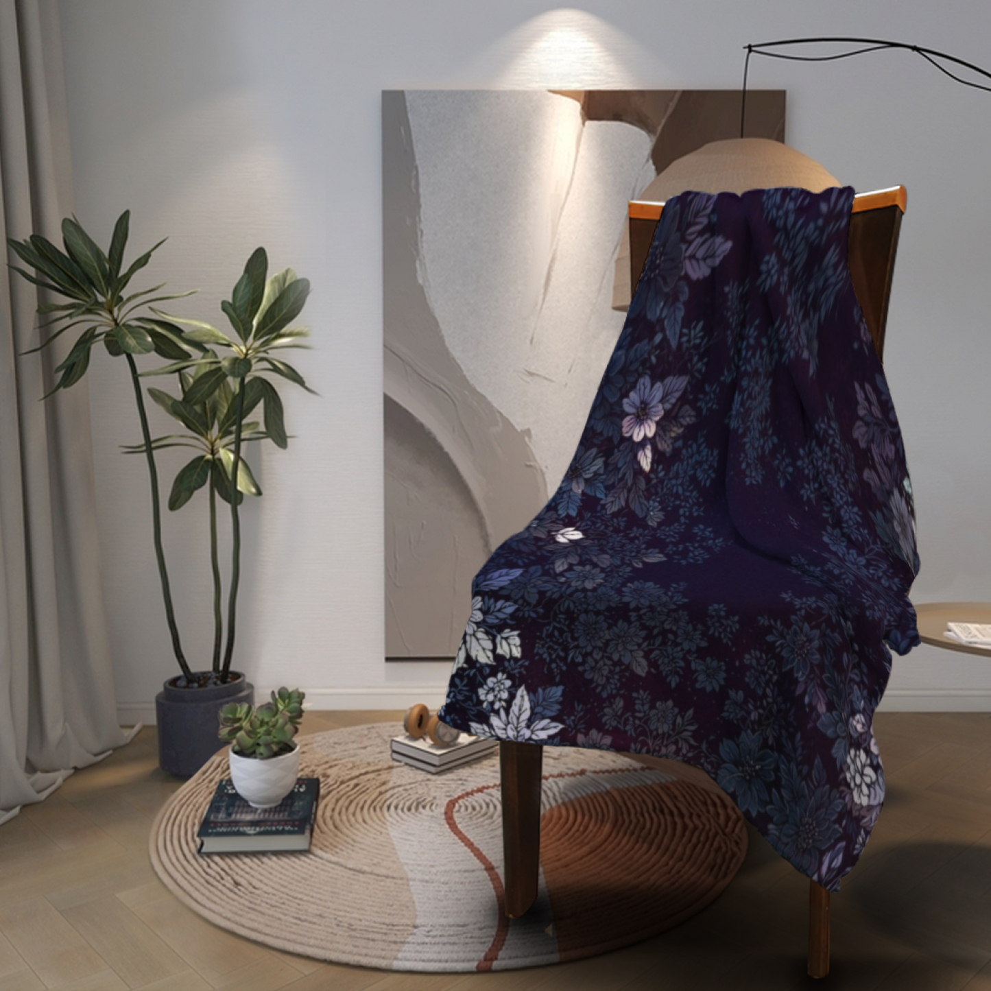 Midnight Blue Floral Flannel Throw Blanket ¨C Dark Blue and Purple Botanical Pattern