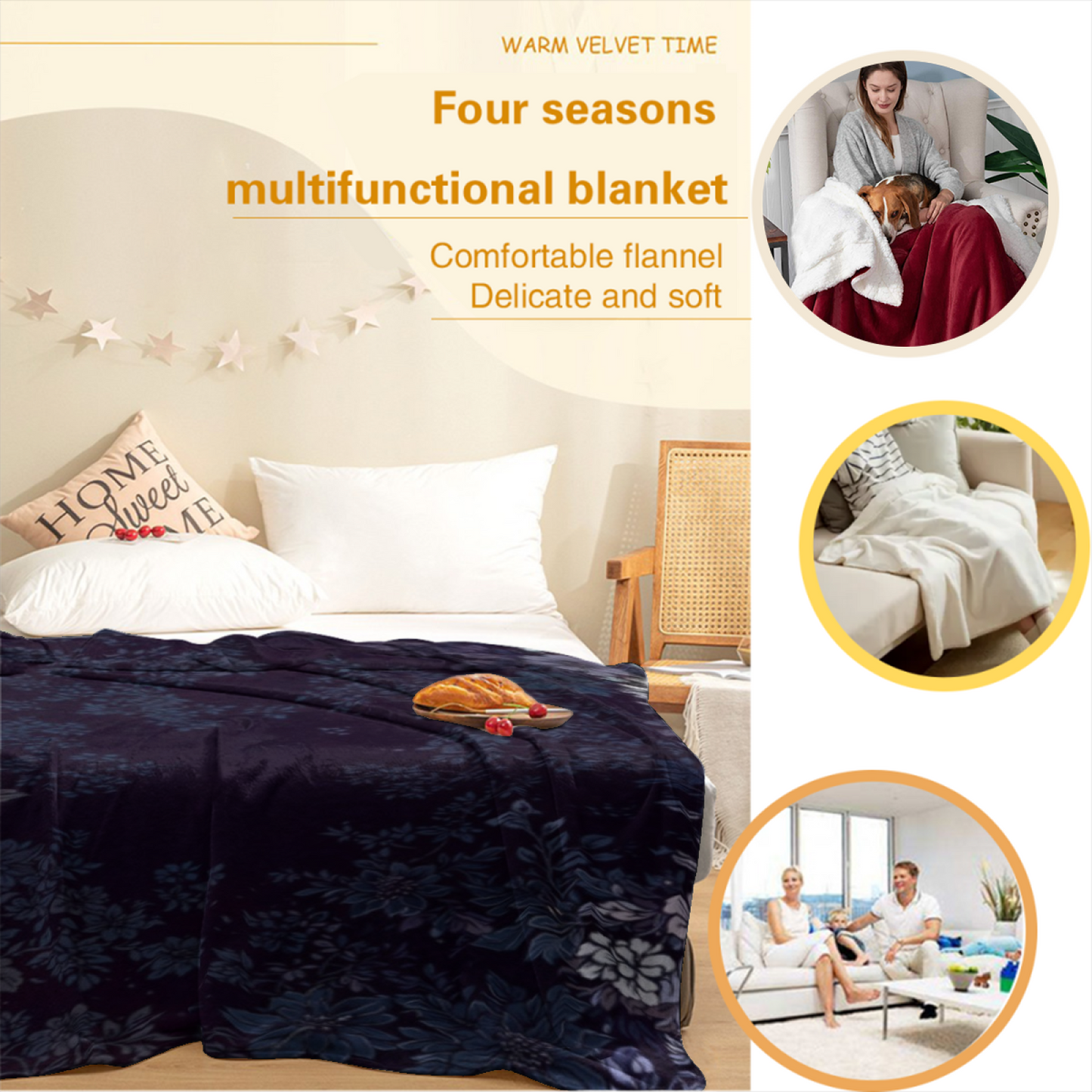 Midnight Blue Floral Flannel Throw Blanket ¨C Dark Blue and Purple Botanical Pattern