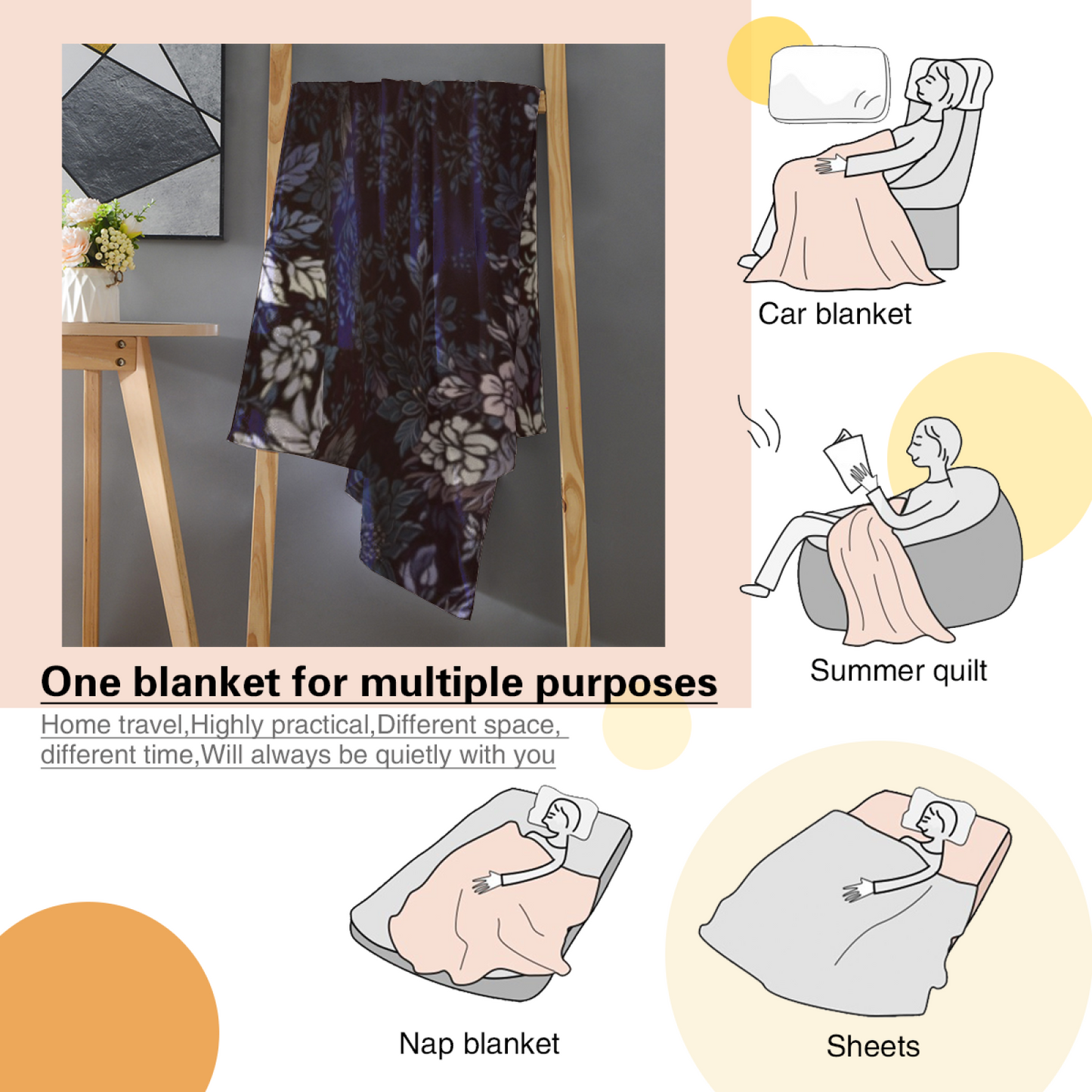 Midnight Blue Floral Flannel Throw Blanket ¨C Dark Blue and Purple Botanical Pattern
