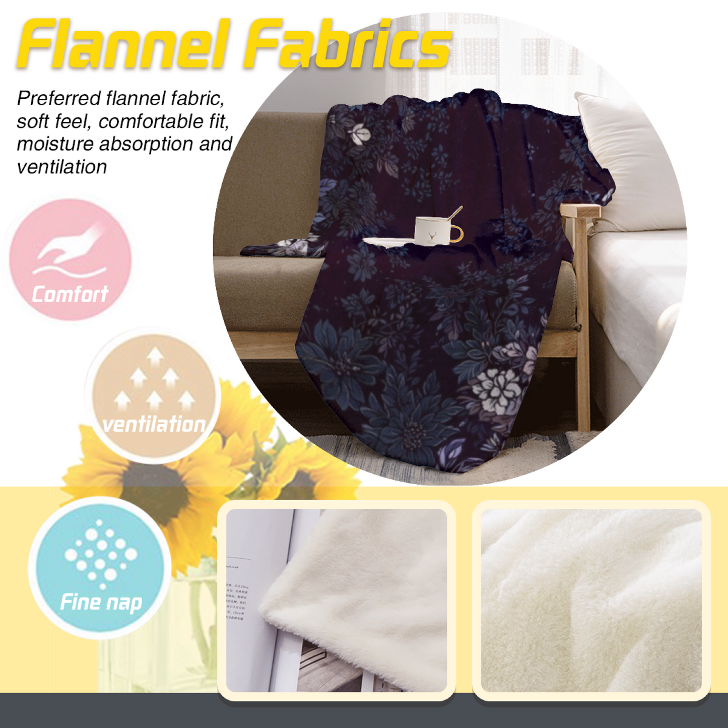 Midnight Blue Floral Flannel Throw Blanket ¨C Dark Blue and Purple Botanical Pattern