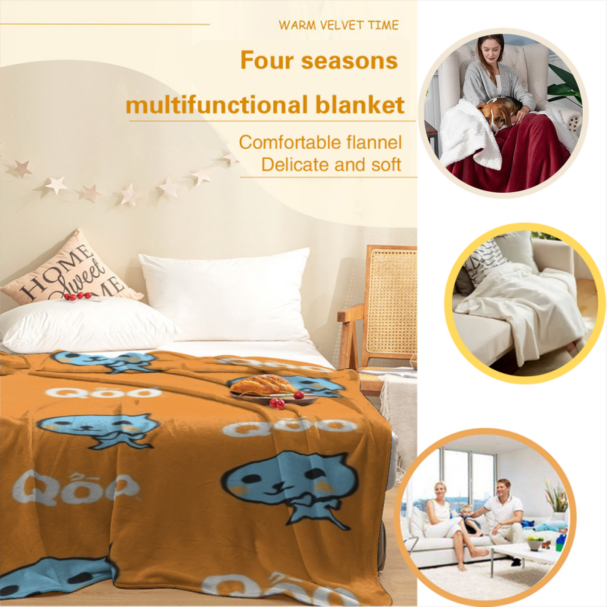 Eclectic Design Cosmic Picnic Warm Coral Cozy Flannel Bed Blanket