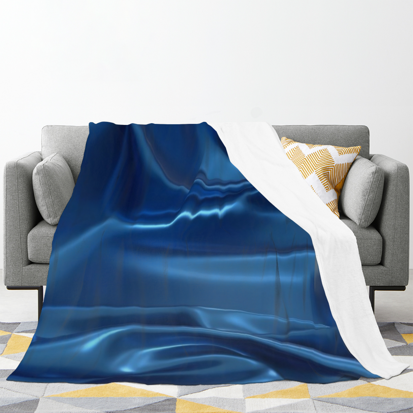 Deep Blue Satin-Inspired Flannel Throw Blanket ¨C Abstract Liquid Texture