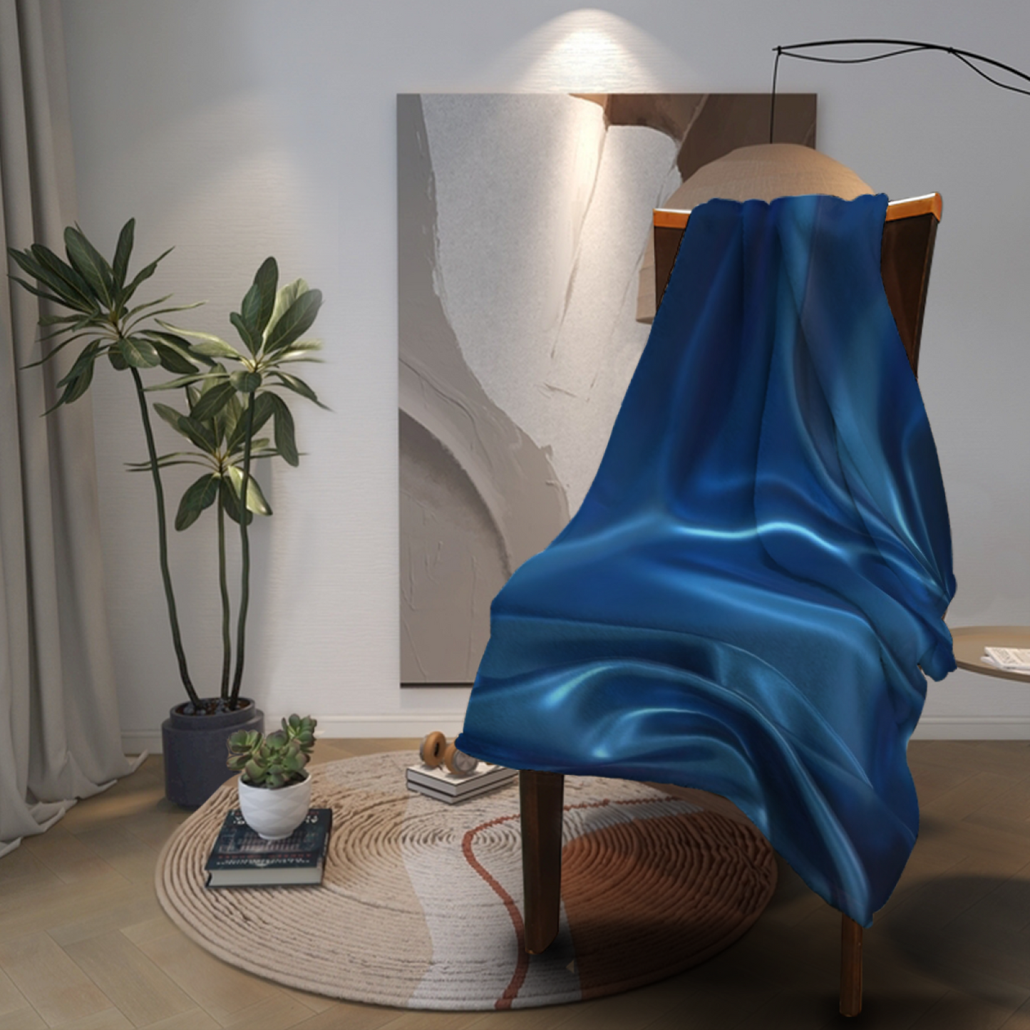 Deep Blue Satin-Inspired Flannel Throw Blanket ¨C Abstract Liquid Texture