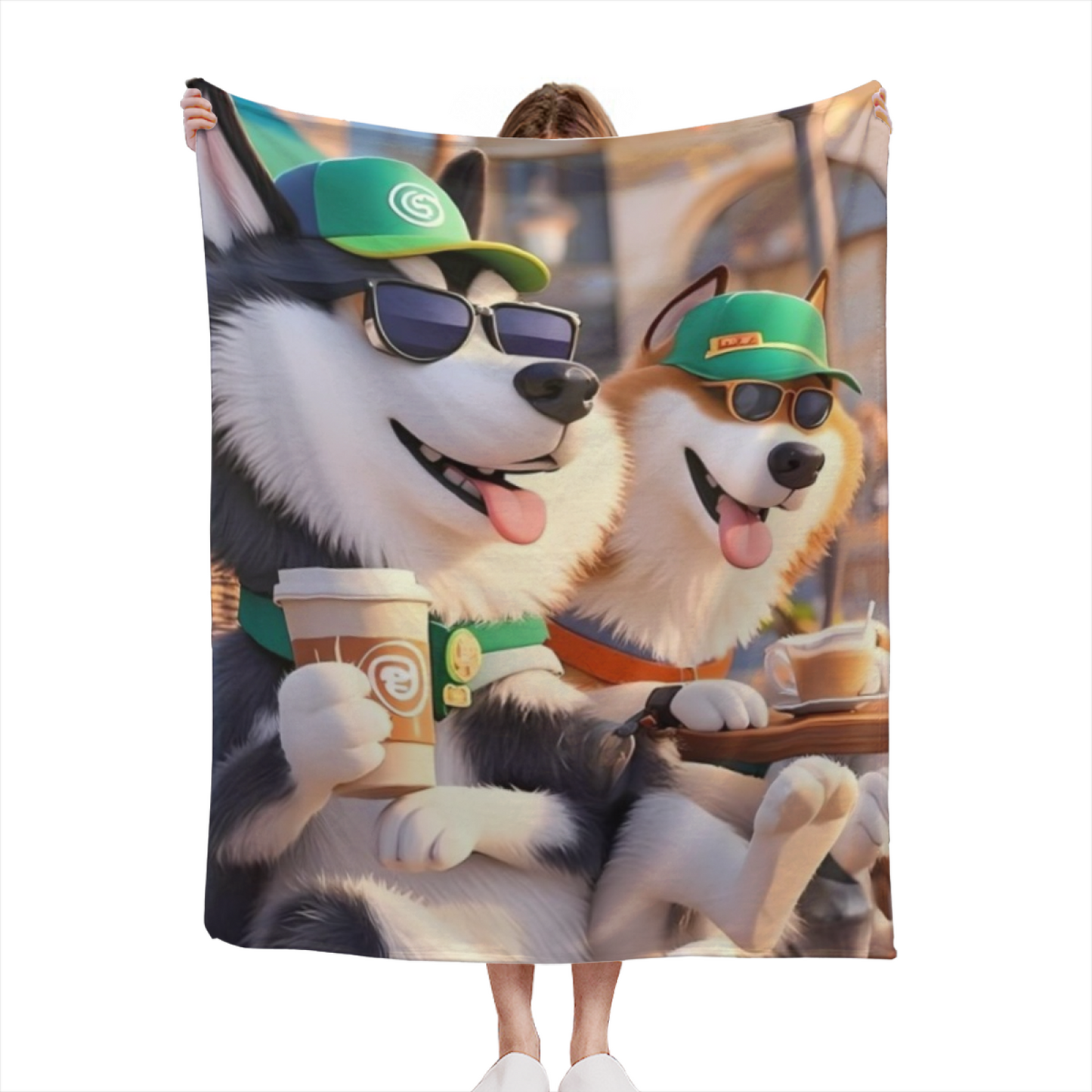 Cool Cartoon Husky Dogs Flannel Throw Blanket ¨C Coffee Shop Adventure Design