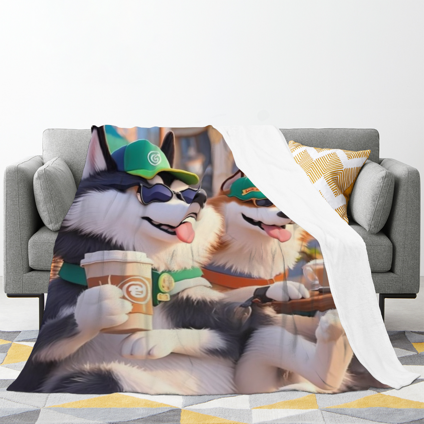 Cool Cartoon Husky Dogs Flannel Throw Blanket ¨C Coffee Shop Adventure Design