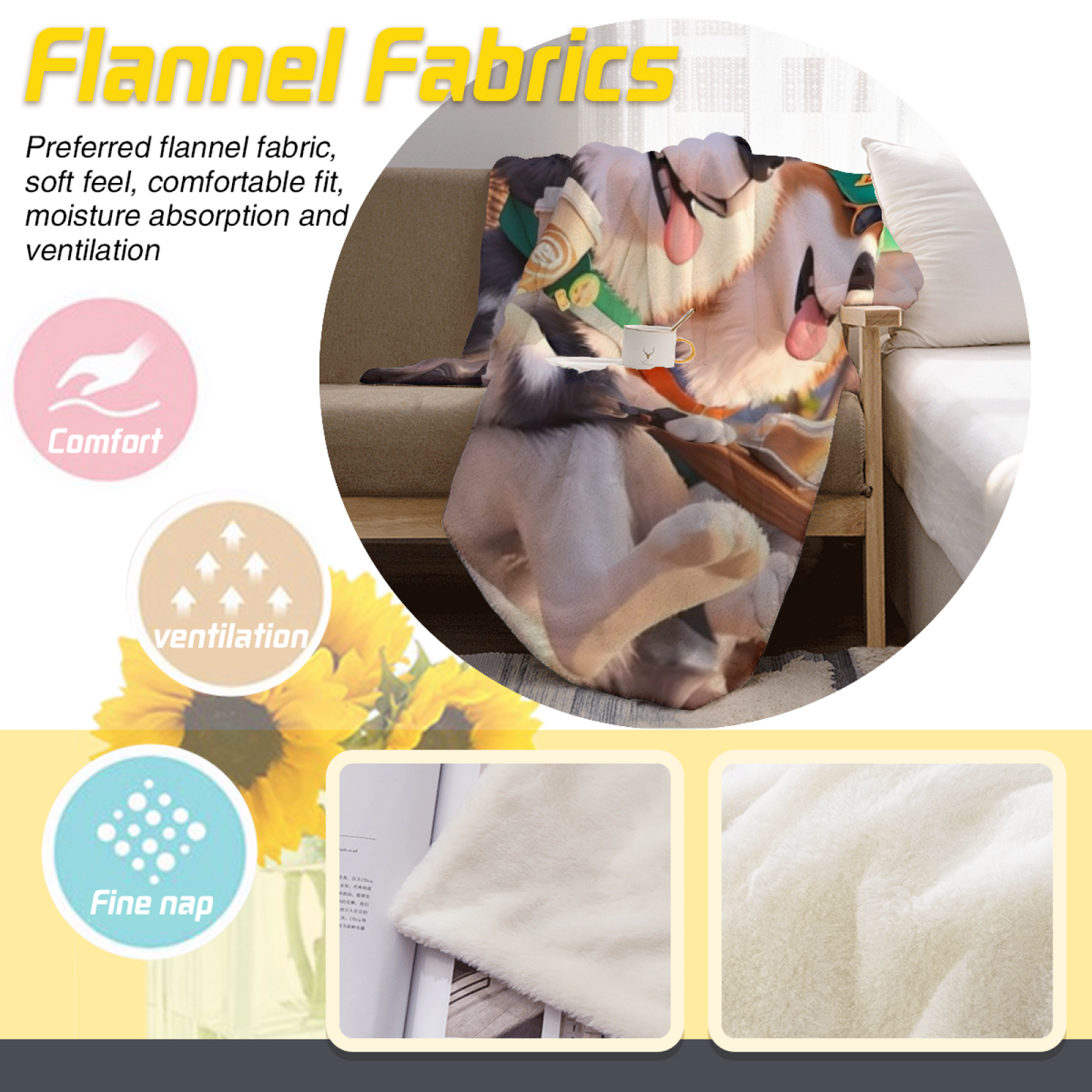 Cool Cartoon Husky Dogs Flannel Throw Blanket ¨C Coffee Shop Adventure Design