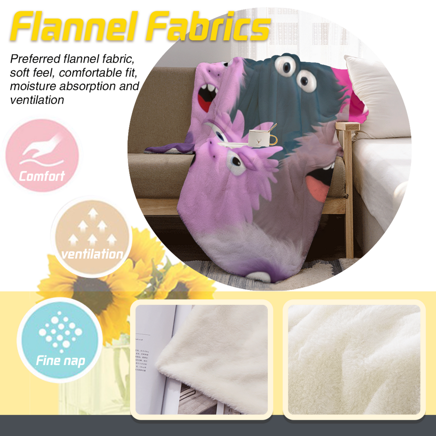 Cute Cartoon Monsters Flannel Throw Blanket ¨C Colorful Playful Character Print