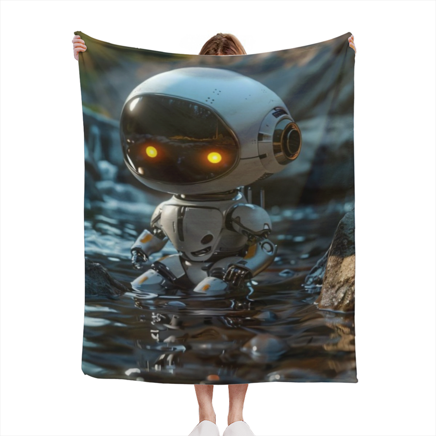 Cute Futuristic Robot Flannel Throw Blanket ¨C Friendly Sci-Fi Character