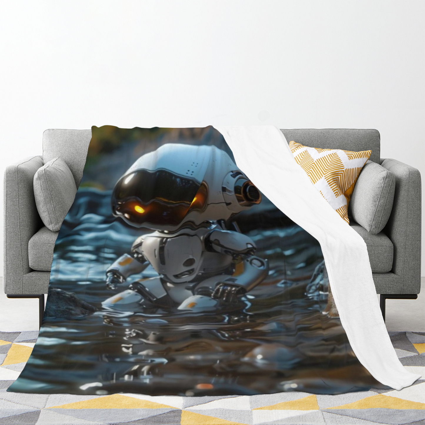 Cute Futuristic Robot Flannel Throw Blanket ¨C Friendly Sci-Fi Character