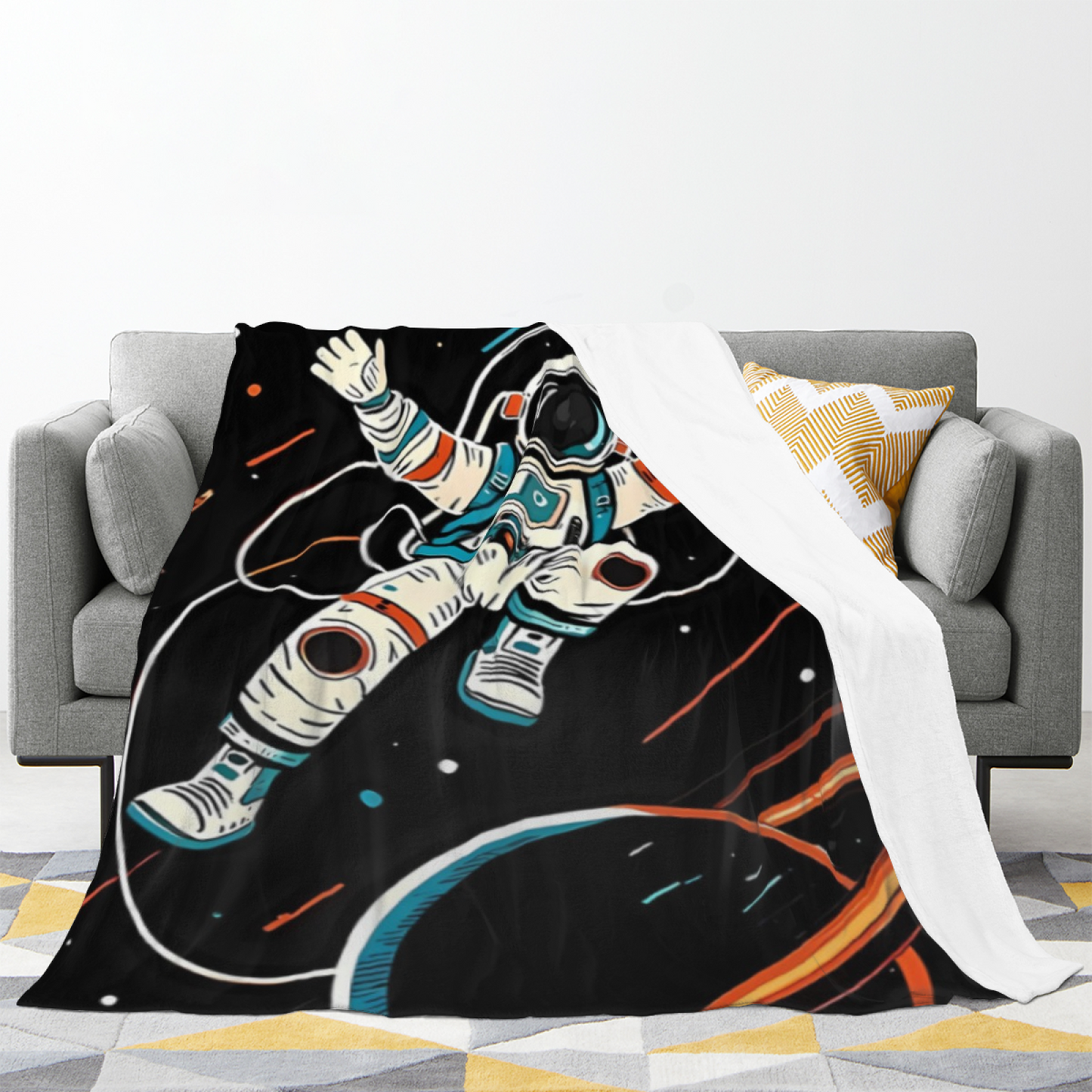 Space Astronaut Flannel Throw Blanket ¨C Purple, Blue and Neon Cosmic Art