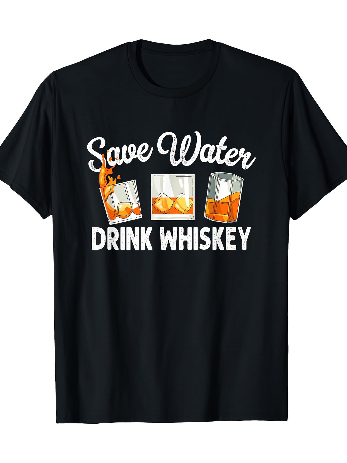 Men's Vintage Bourbon & Whiskey Graphic T-Shirt - "Save Water, Drink Whiskey" Design, 100% Cotton, Short Sleeve, Casual Fit, Black with White Print, Round Neck, Regular Fit for All Seasons, Bar Attire | Vintage Graphic Shirt | Microelastic Fabric