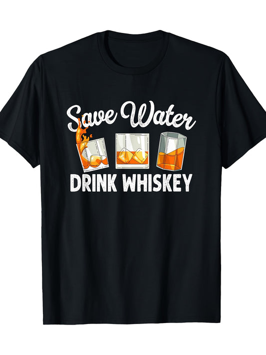 Men's Vintage Bourbon & Whiskey Graphic T-Shirt - "Save Water, Drink Whiskey" Design, 100% Cotton, Short Sleeve, Casual Fit, Black with White Print, Round Neck, Regular Fit for All Seasons, Bar Attire | Vintage Graphic Shirt | Microelastic Fabric