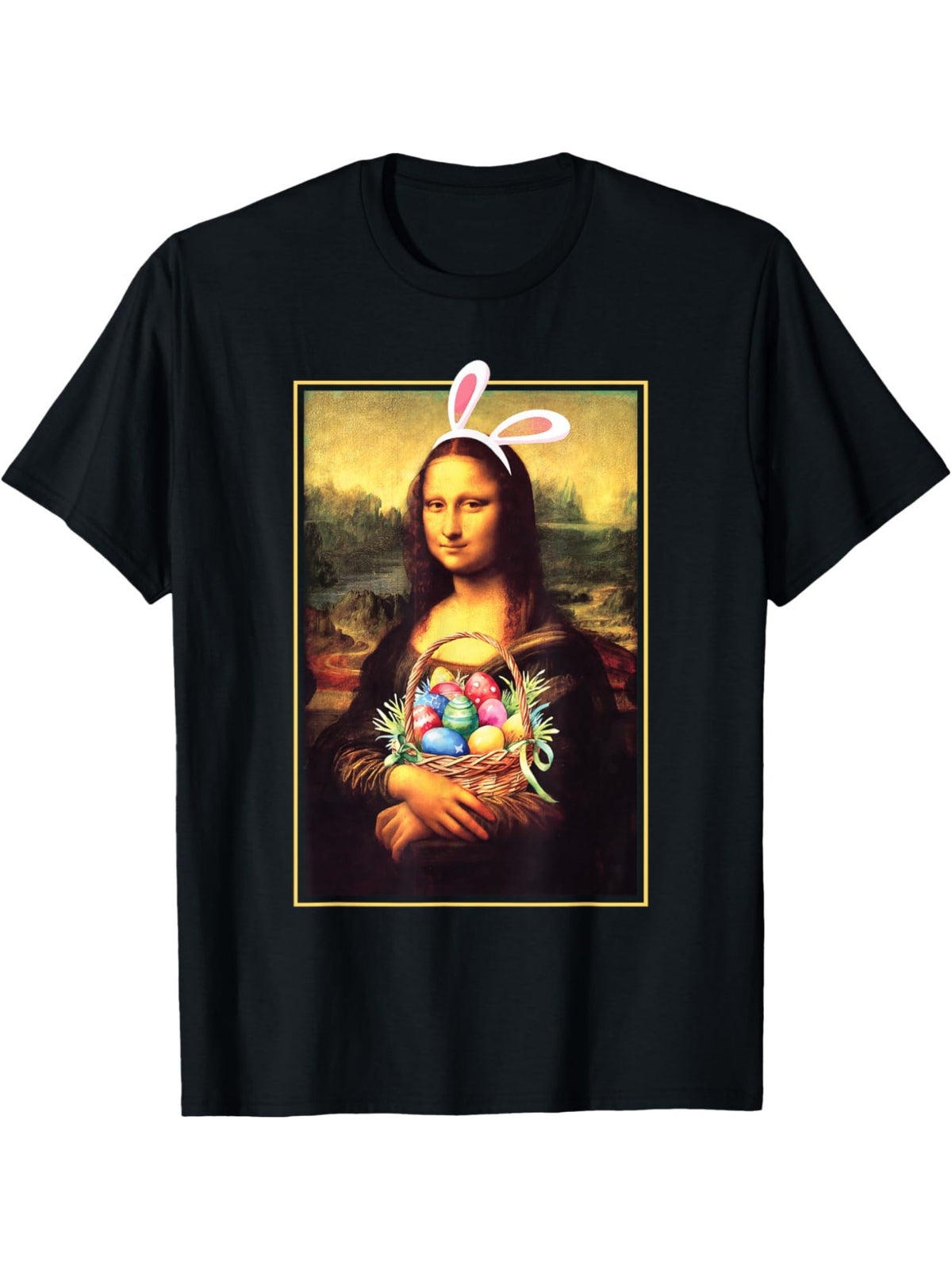 Men's Easter Mona Lisa Bunny Ears Graphic T-Shirt - Vintage Fashion 100% Cotton, Comfortable Crew-Neck, Short Sleeve Tee with Easter Egg Detail - Ideal for Summer Outdoor Activities & Gifting