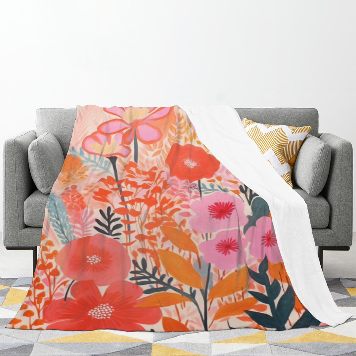 Harvest Sprout Expressive Print Flannel Sofa Throw in Blush Pink