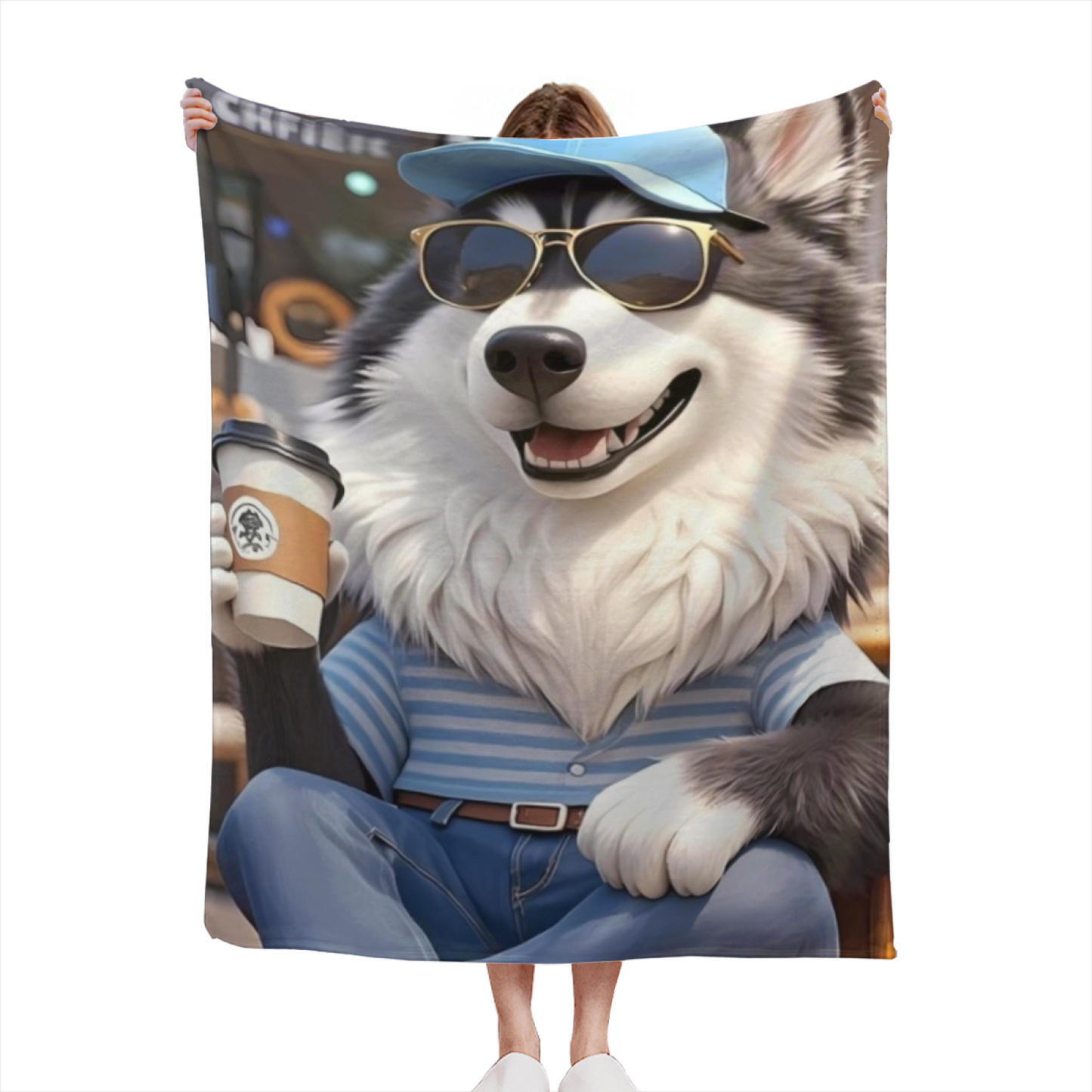 Cool Husky Dog Flannel Throw Blanket ¨C Sunglasses, Cap and Coffee Cartoon