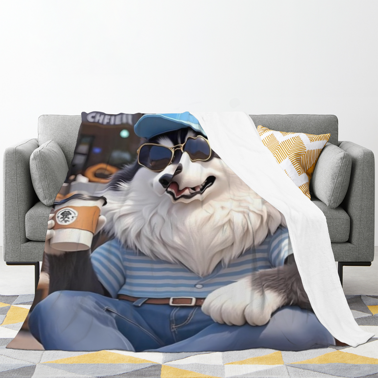 Cool Husky Dog Flannel Throw Blanket ¨C Sunglasses, Cap and Coffee Cartoon