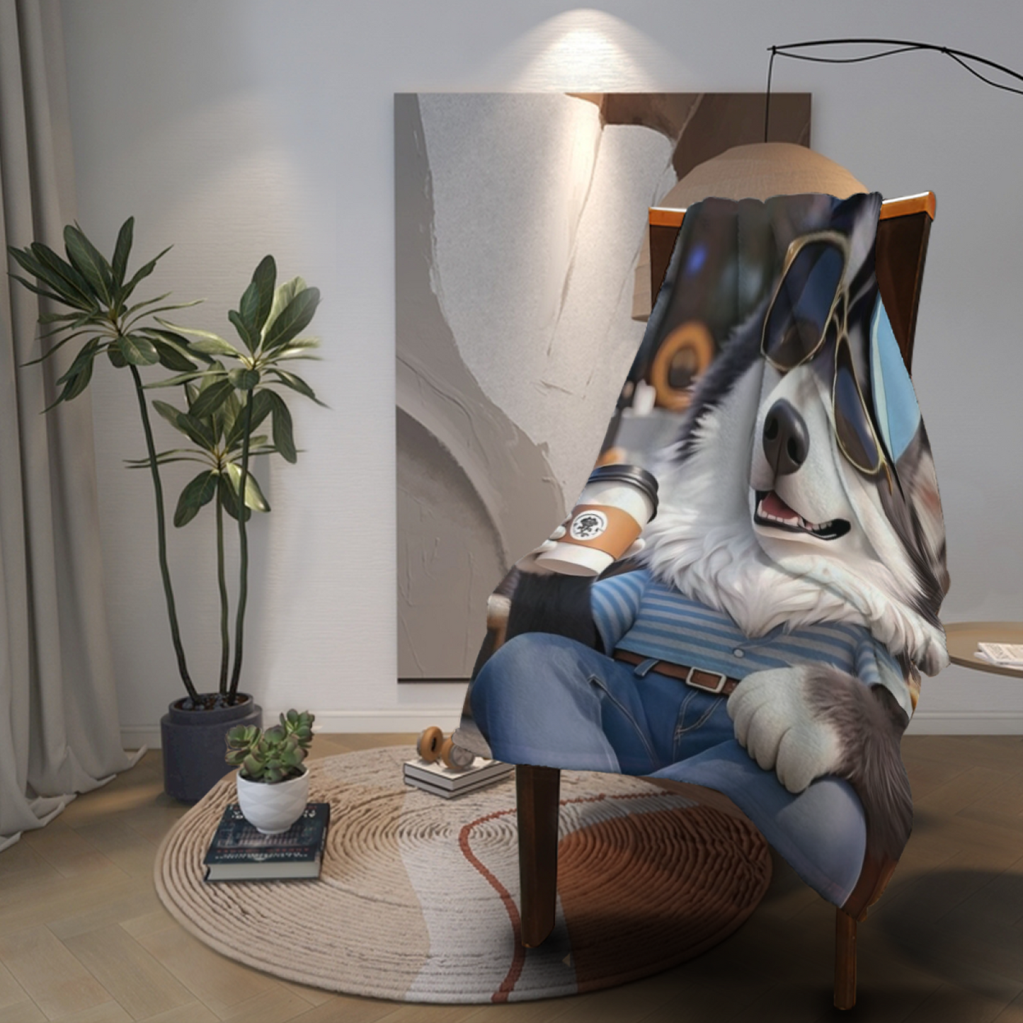 Cool Husky Dog Flannel Throw Blanket ¨C Sunglasses, Cap and Coffee Cartoon