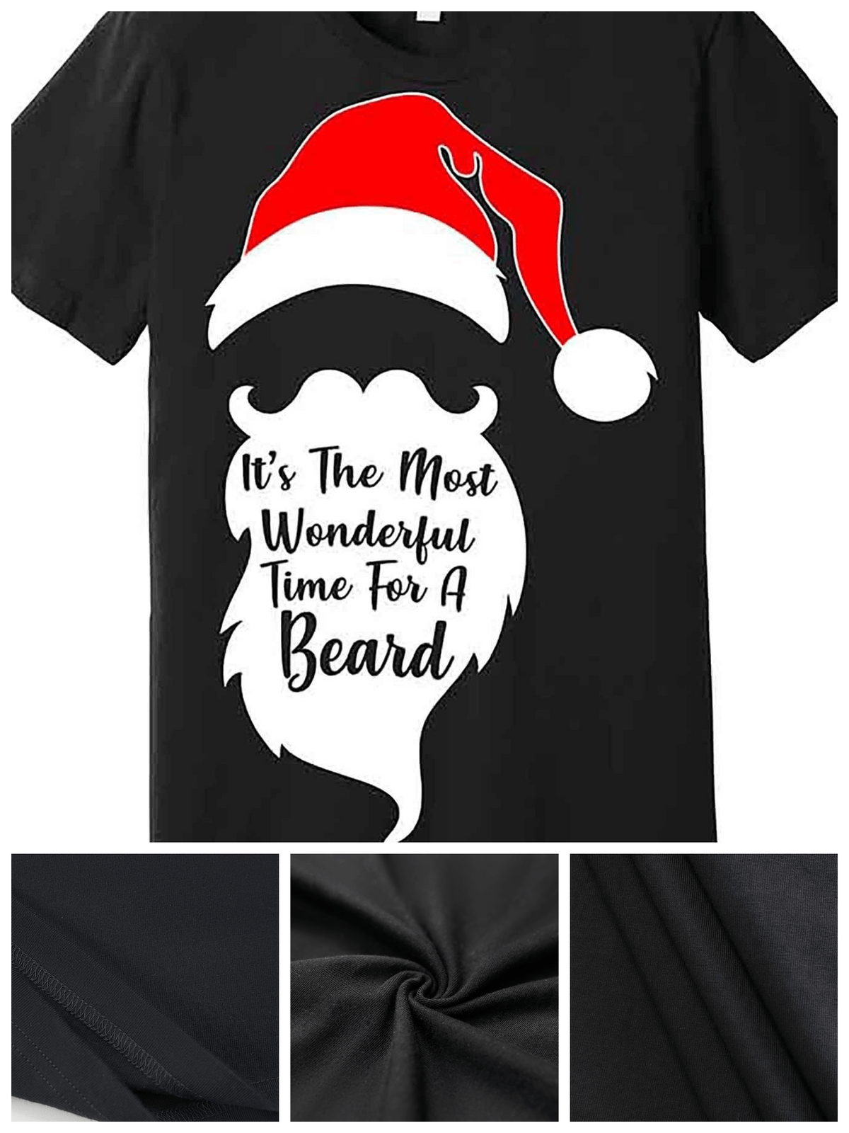 Men’s Funny Christmas Beard Graphic T-Shirt - "It's The Most Wonderful Time for a Beard" Black Cotton Short Sleeve Tee, Casual Holiday Design with Santa Hat & White Beard Illustration, Machine Washable, VLANMON