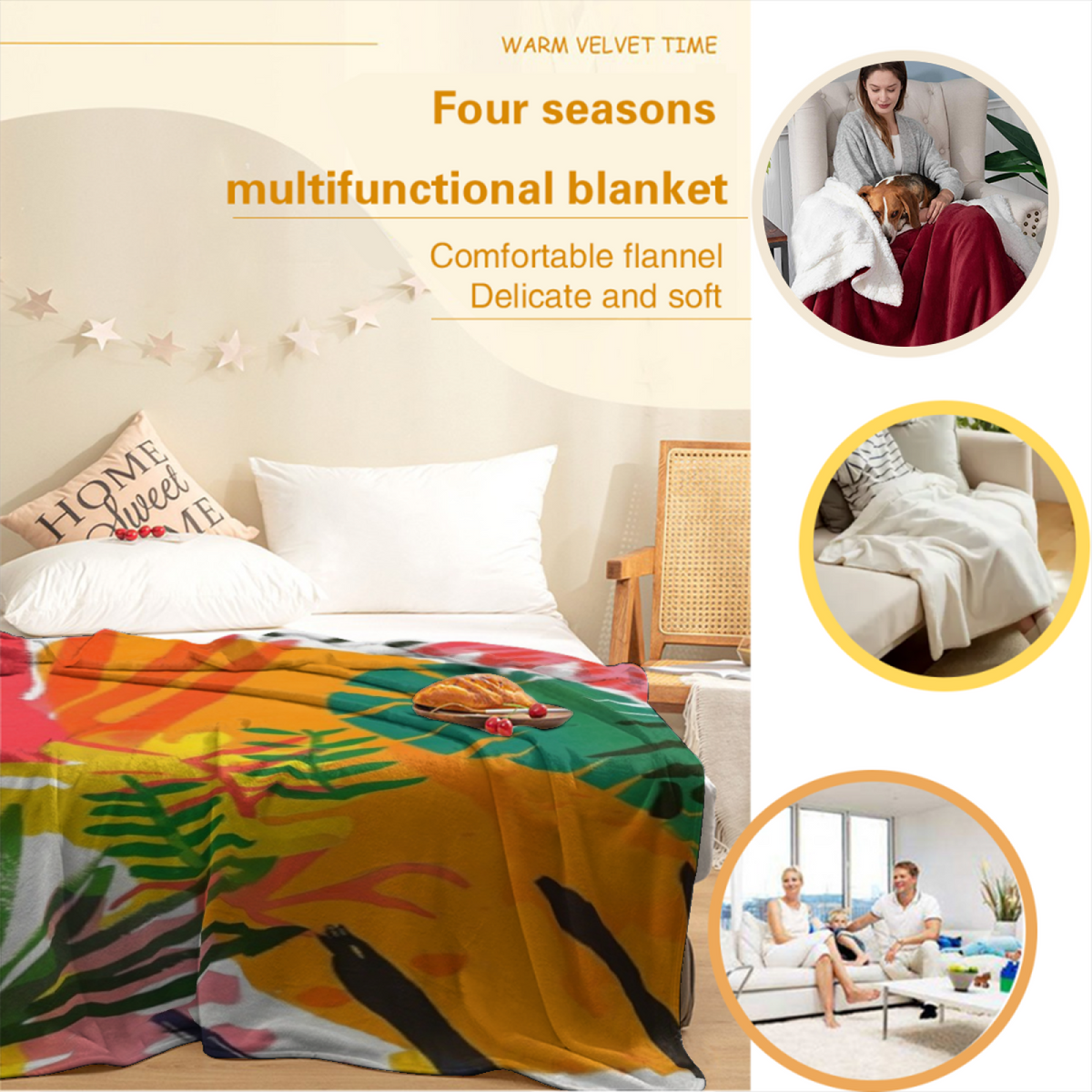Earthy Multicolor Cobalt Mosaic Soft Flannel Blanket