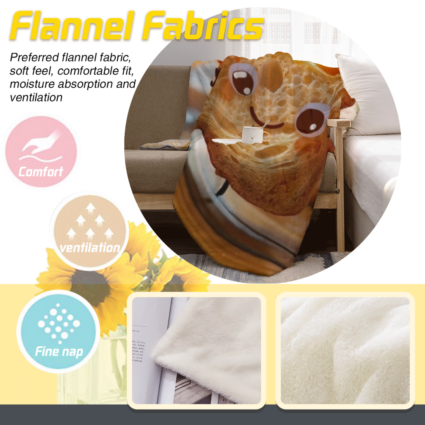 Cute Cartoon Toast Bread Throw Blanket ¨C Funny Food Character Printed Cozy Blanket