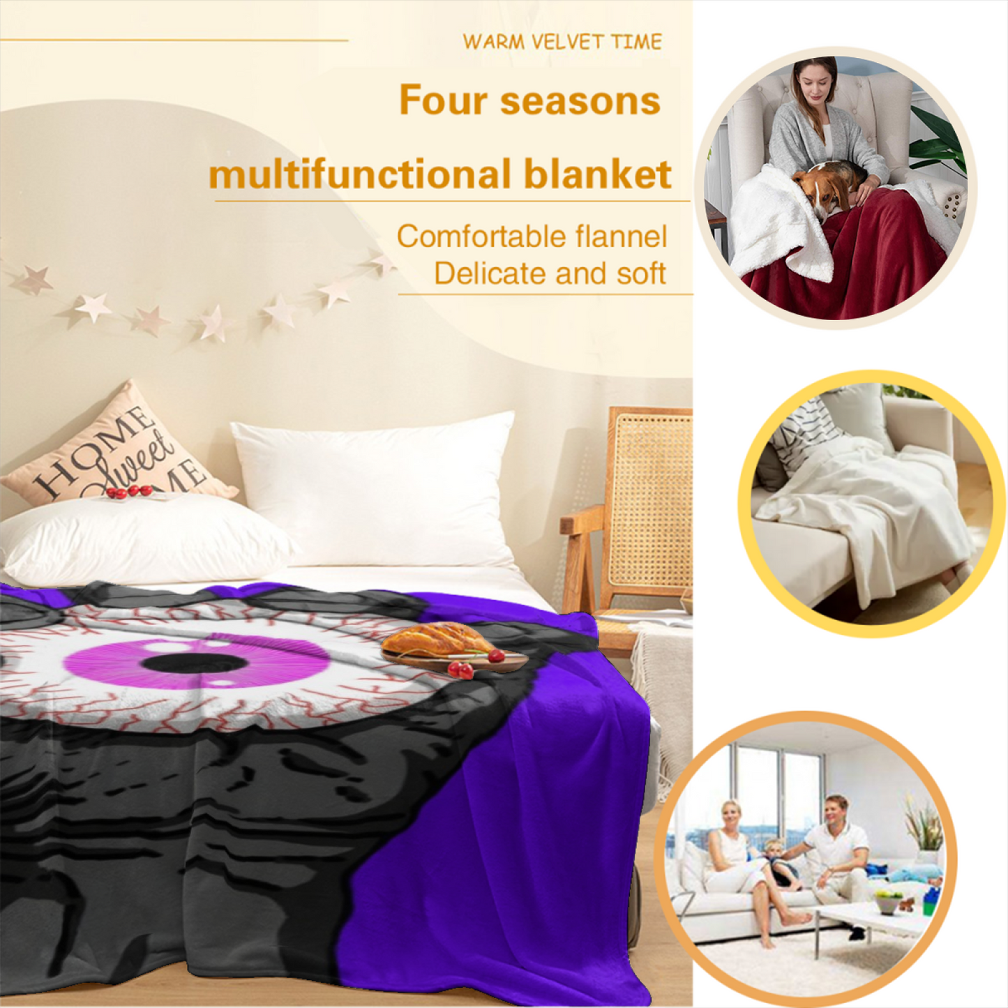 Giant Eyeball Flannel Throw Blanket ¨C Creepy Purple Horror Hand Design