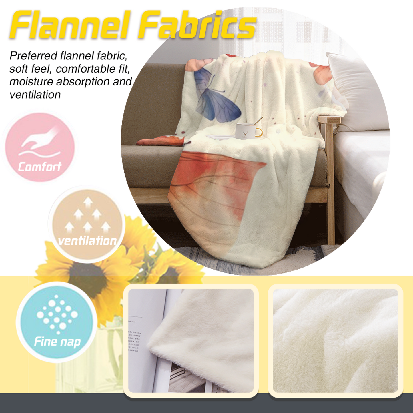 Watercolor Butterfly Flannel Throw Blanket ¨C Soft Pastel Garden Print