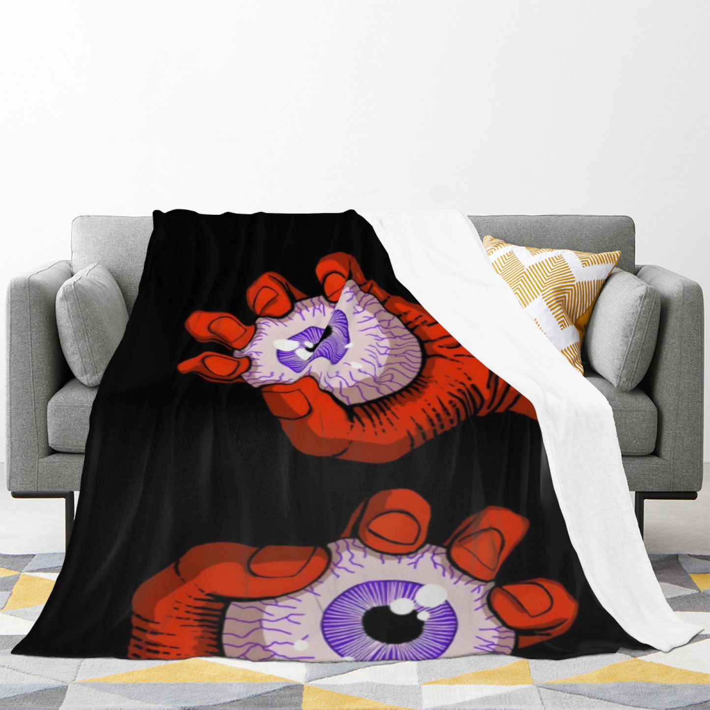 Giant Eyeball and Rainbow Tongue Flannel Throw Blanket ¨C Colorful Horror Graphic