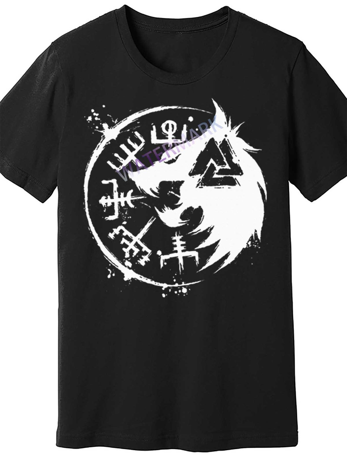 Men's Viking Fenrir Wolf Graphic T-Shirt - Black Short Sleeve Cotton Tee with Vegvisir & Valknut Design, Casual All-Season Wear, Wolf T Shirt