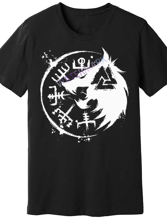 Men's Viking Fenrir Wolf Graphic T-Shirt - Black Short Sleeve Cotton Tee with Vegvisir & Valknut Design, Casual All-Season Wear, Wolf T Shirt