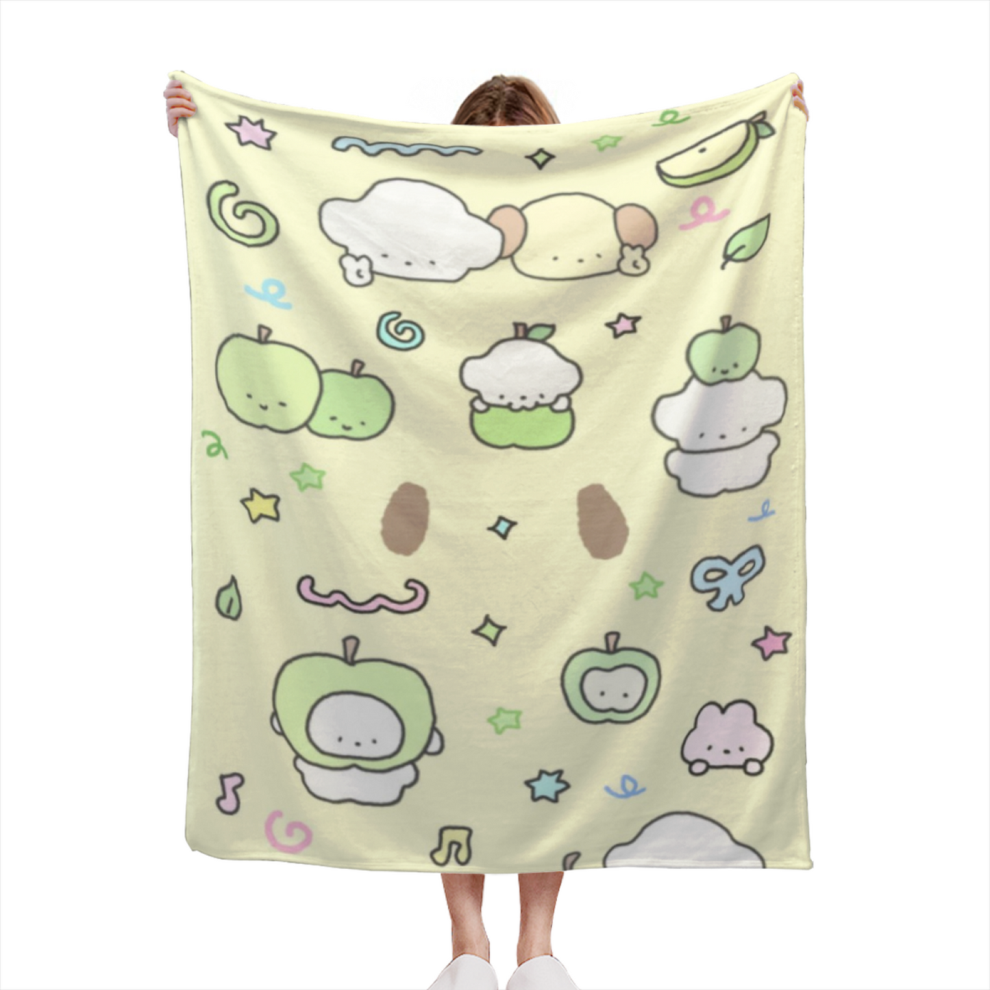 Cute Apple and Character Flannel Throw Blanket ¨C Kawaii Green Fruit Pattern