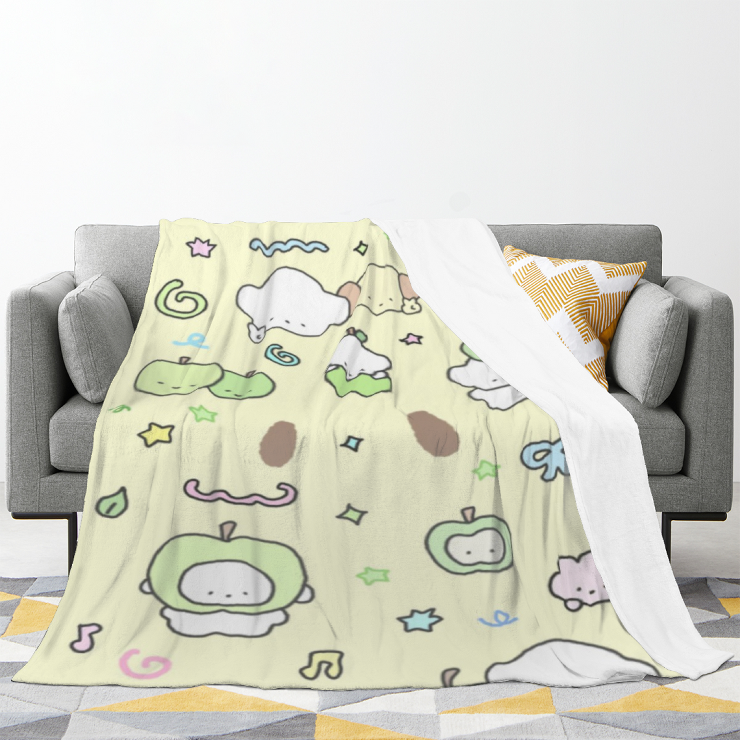 Cute Apple and Character Flannel Throw Blanket ¨C Kawaii Green Fruit Pattern