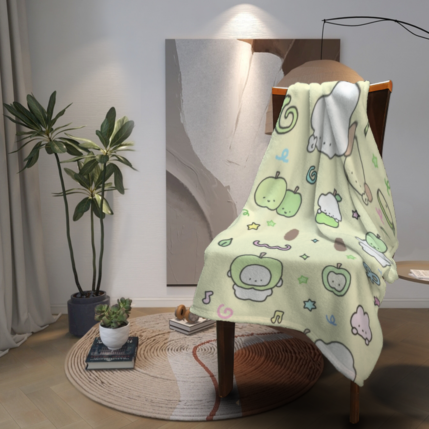 Cute Apple and Character Flannel Throw Blanket ¨C Kawaii Green Fruit Pattern