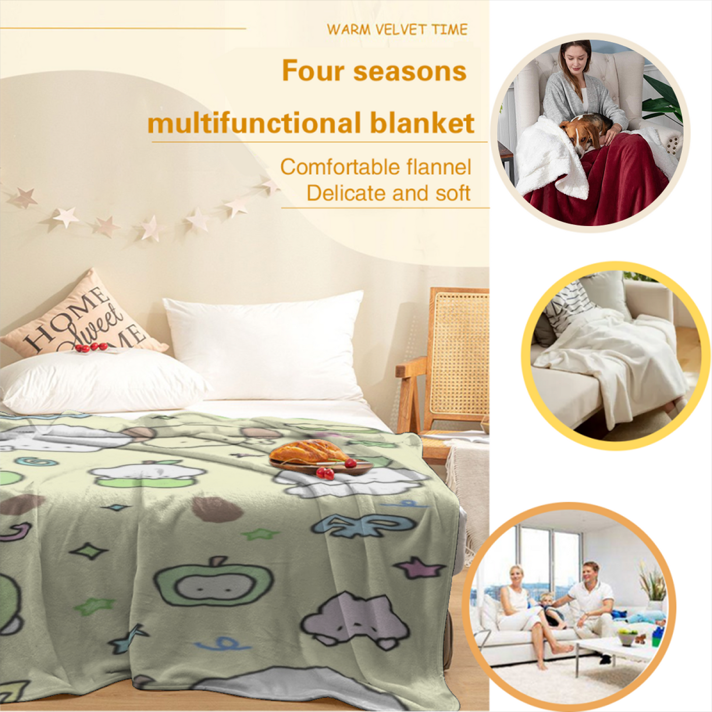 Cute Apple and Character Flannel Throw Blanket ¨C Kawaii Green Fruit Pattern