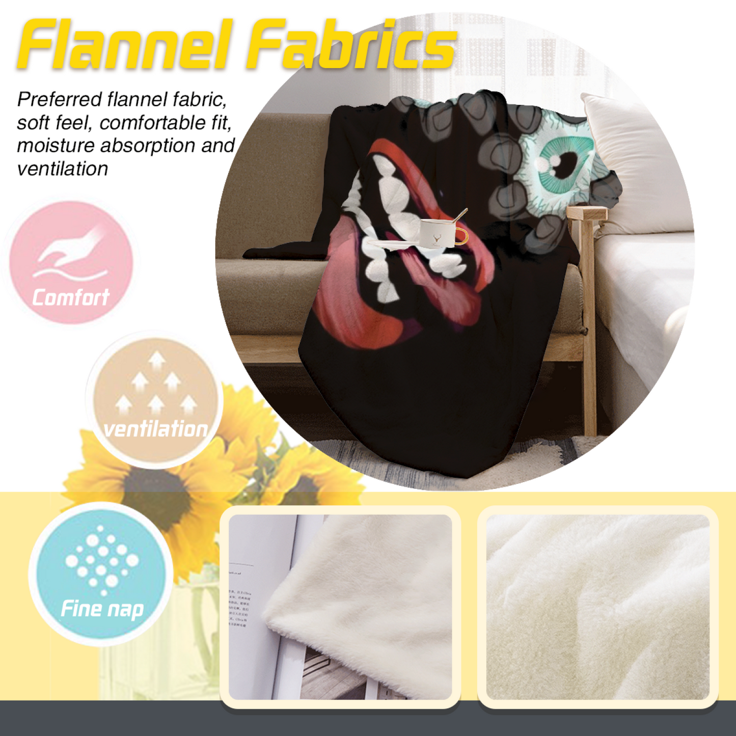 Creepy Eyes and Tongue Flannel Throw Blanket ¨C Dark Gothic Cartoon Design