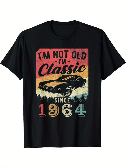 Men's "I'm Not Old I'm Classic" 1964 Vintage Graphic T-Shirt - Retro Casual Summer Tee, 100% Cotton, Short Sleeve, Round Neck, Black with Colorful Stripes & Vintage Car Design, Perfect for Casual Attire or Birthday Gift, Vintage Tshirt