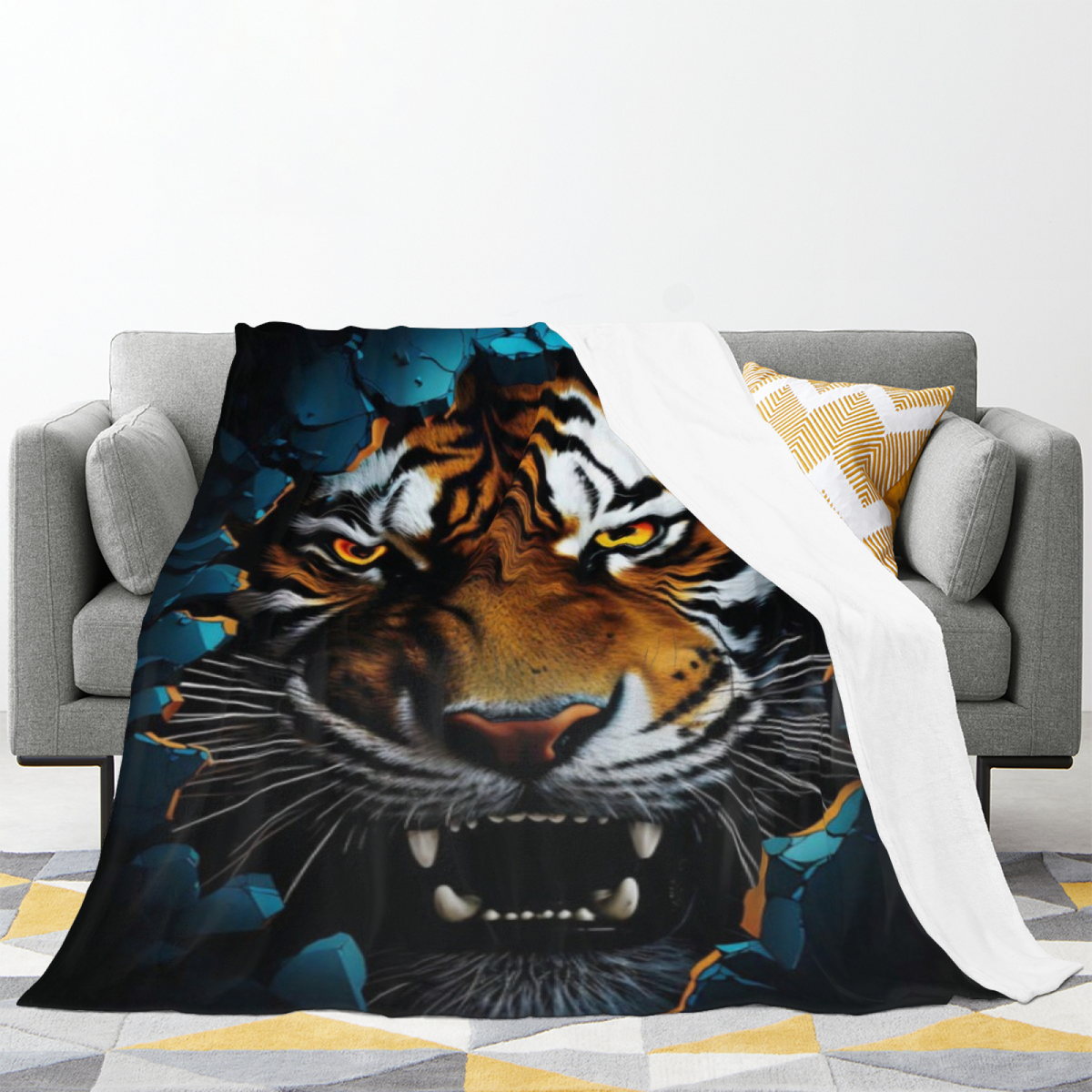 Electric Tiger Portrait Plush Flannel Throw