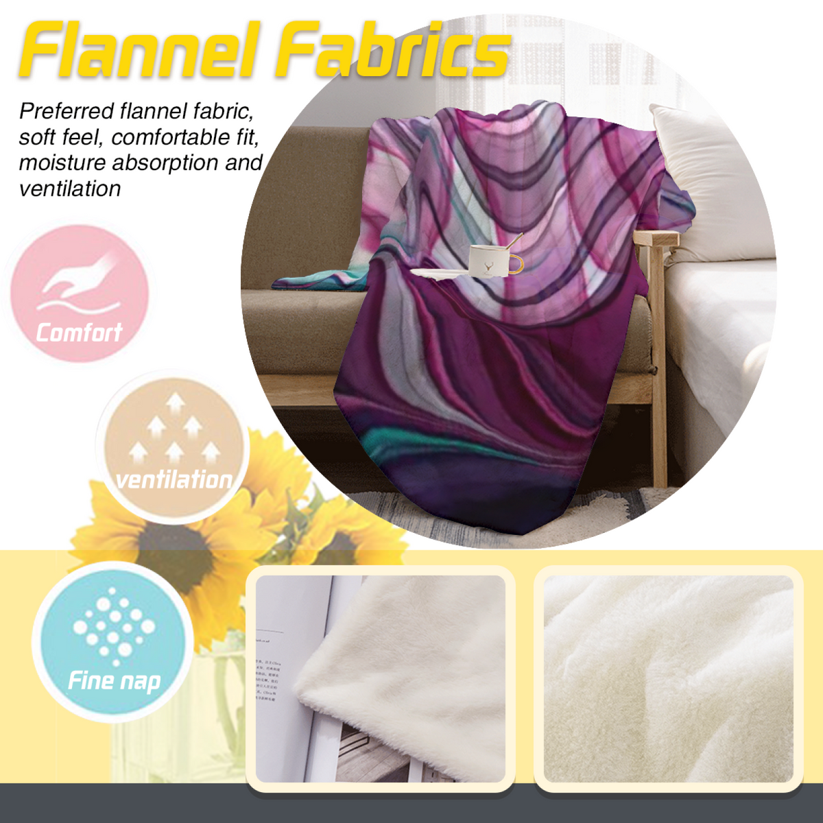 Evergreen Sonnet Expressive Print Cozy Flannel Bed Blanket in Dusty Lilac