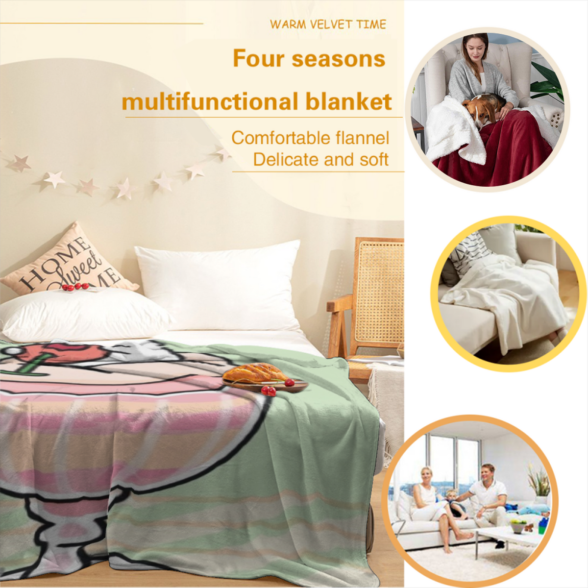 Festival Blossom Creamy Ivory Art Flannel Throw Blanket