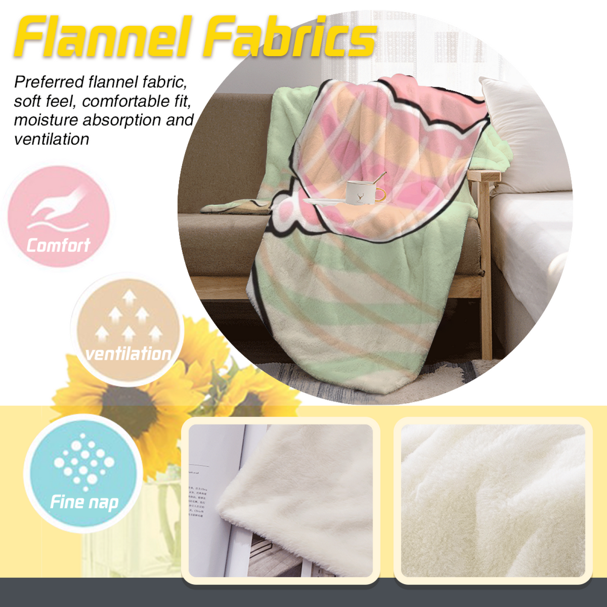 Festival Blossom Creamy Ivory Art Flannel Throw Blanket