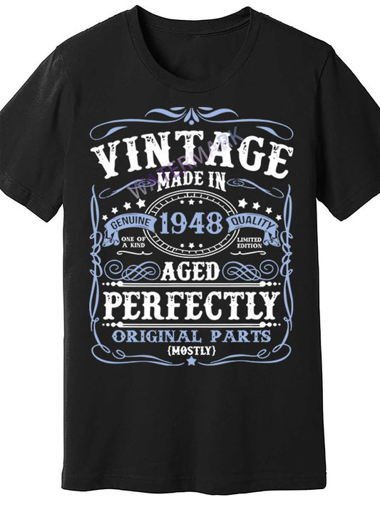 Vintage 1948 Men's Short Sleeve T-Shirt - Classic Retro Design, Black Cotton Crewneck Tee with Funny Birthday Message, Casual All-Season Wear, Humorous Graphic Tee | Crewneck Tshirt | Durable Cotton Shirt